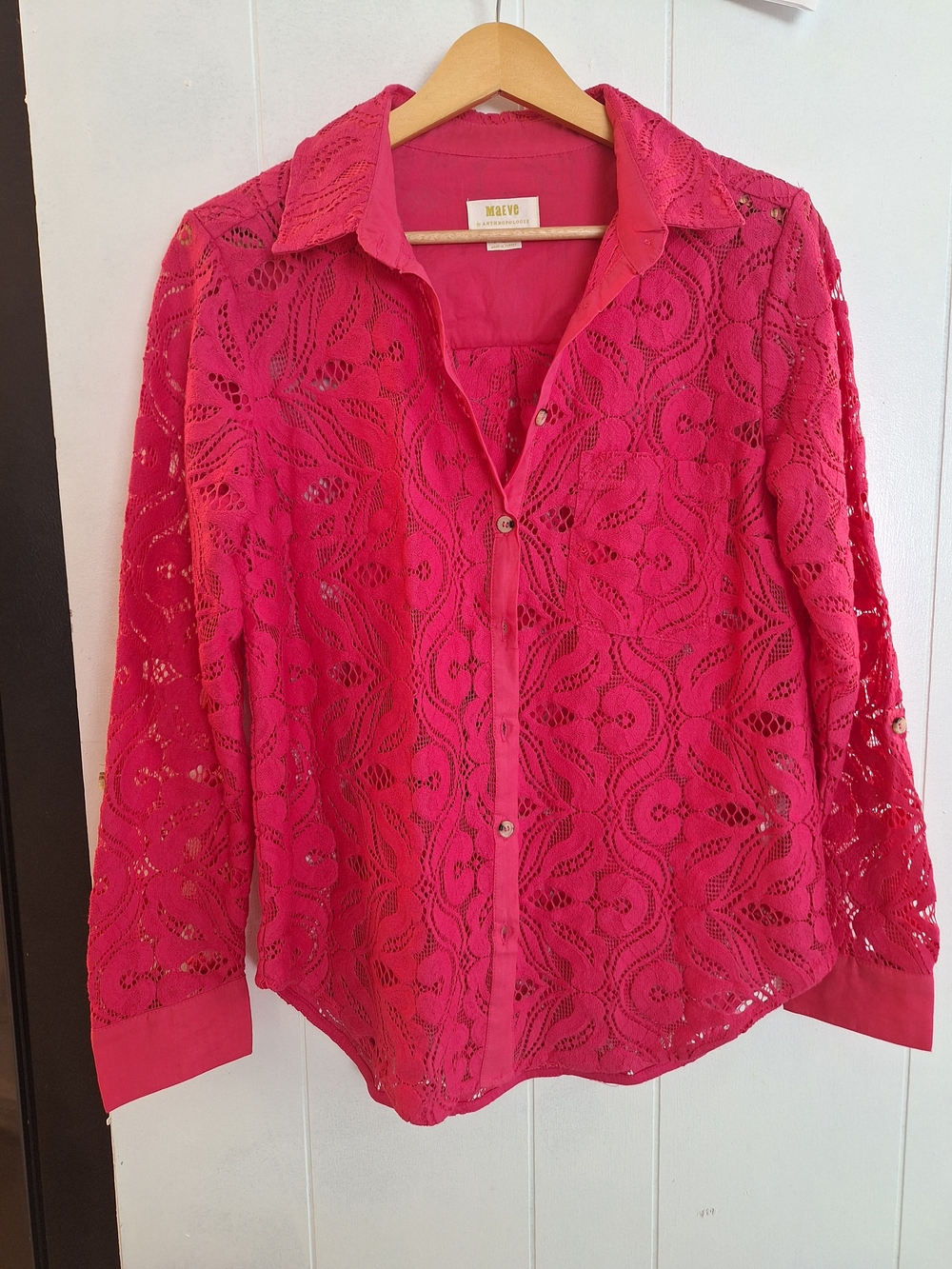 Anthropologie Bright Pink Lace Button-Down Blouse